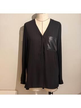 Calvin Klein Black 3/4 Button Down Pullover Blouse Faux Leather detail Women's M
